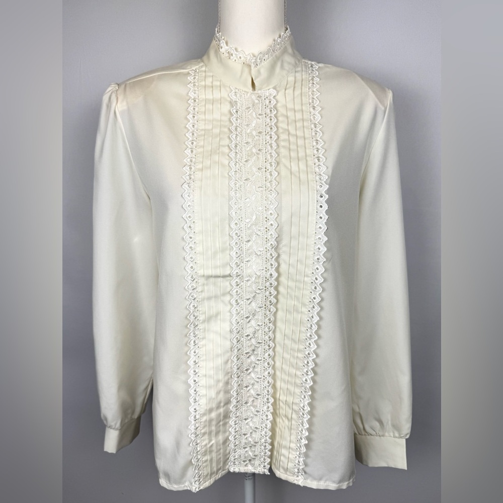 Vintage 80s Rhoda Lee Victorian Revival Blouse Ecru High Neck Eyelet Lace Sz 16